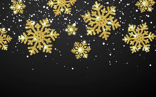 Brillanti fiocchi di neve d'oro su sfondo nero. Natale e Capodanno sfondo. Illustrazione vettoriale — Vettoriale Stock