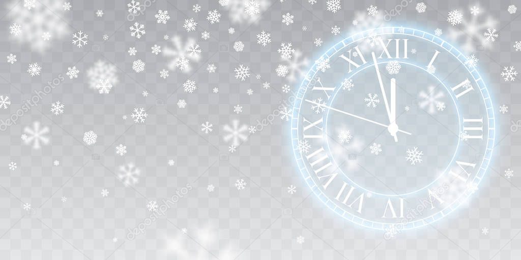 Vintage gold shining round clock. Christmas snow. Falling snowflakes on blue background. Snowfall. Vector illustration
