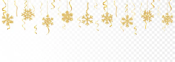 Christmas or New Year golden decoration on transparent background. Hanging glitter snowflake. Vector illustration — Stock Vector