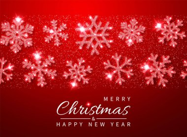 Parlayan parıltılı kırmızı kar taneleri ile Noel ve Yeni Yıl arka plan. Vektör çizimi