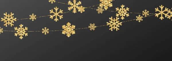 Natal ou Ano Novo dourado grinalda decoração floco de neve no fundo preto. Floco de neve brilhante pendurado. Ilustração vetorial —  Vetores de Stock