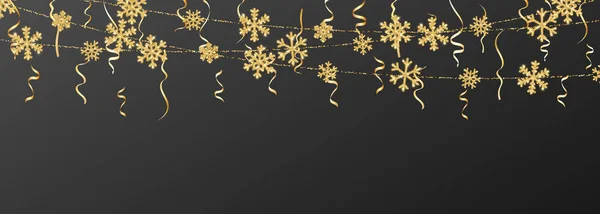 Guirnalda de decoración de copos de nieve dorada de Navidad o Año Nuevo sobre fondo negro. Copo de nieve con purpurina colgante. Ilustración vectorial — Archivo Imágenes Vectoriales