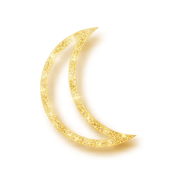 Altın parlak parıltı beyaz arka plan üzerinde izole gölge ile yarım ay parlayan. Ramazan Kareem tasarım öğesi için Hilal İslami. Vektör çizimi — Stok Vektör