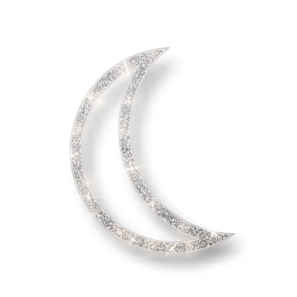 Beyaz arka planda izole gölge ile parlayan yarım ay gümüş parlak glitter. Ramazan Kareem tasarım öğesi için Hilal İslami. Vektör çizimi — Stok Vektör