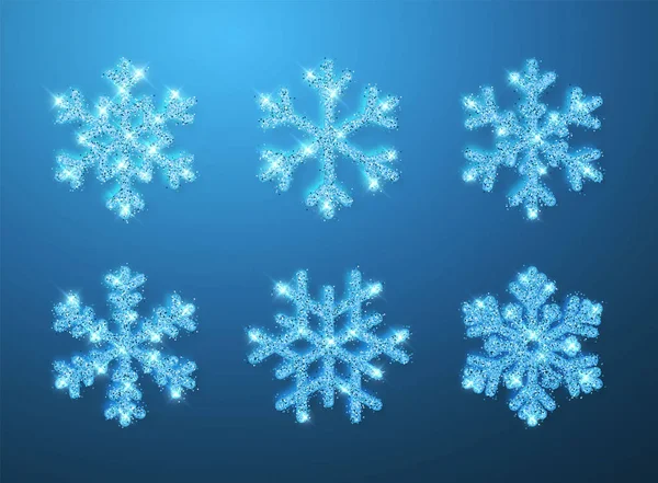 Shining blue glitter glowing snowflakes on blue background. Christmas and New Year decoration. Vector illustration — Stock Vector