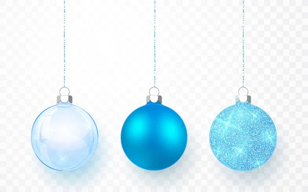 Bolas de Natal brilhantes e transparentes azuis brilhantes. Bola de vidro de Natal no fundo transparente. Modelo de decoração de férias. Ilustração vetorial — Vetor de Stock