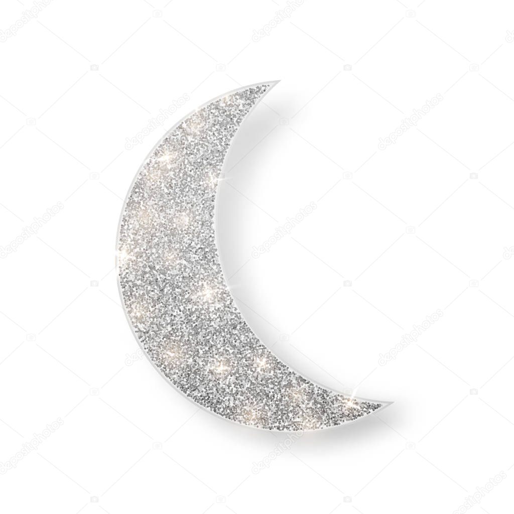 Silver shiny glitter glowing half moon with shadow isolated on white background. Crescent Islamic for Ramadan Kareem design element. Vector illustration