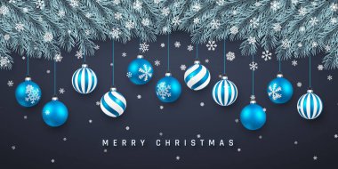 Şenlikli Noel veya Yeni Yıl Arka Plan. Konfeti ve xmas mavi topları ile Noel köknar ağacı dalları. Tatil'in Geçmişi. Vektör çizimi