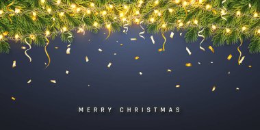 Şenlikli Noel veya Yeni Yıl Arka Plan. Konfeti ve hafif çelenk ile Noel köknar ağacı dalları. Tatil'in Geçmişi. Vektör çizimi