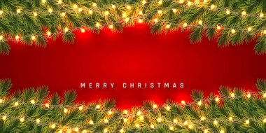 Şenlikli Noel veya Yeni Yıl Arka Plan. Hafif çelenk ile Noel köknar ağacı dalları. Tatil'in Geçmişi. Vektör çizimi