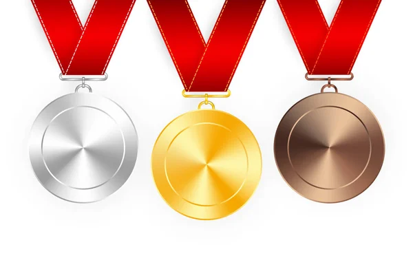 Arany, ezüst és bronz kitüntetés kitüntetések piros szalagokkal. Érem kerek üres polírozott vektor gyűjtemény izolált fehér háttér. Prémium kitűzők — Stock Vector