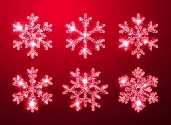Shining red glitter glowing snowflakes on red background. Christmas and New Year decoration. Vector illustration — Stock Vector