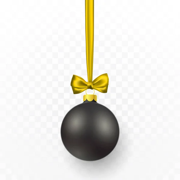 Boule de Noël noire avec arc jaune. Boule de verre de Noël sur fond transparent. Modèle de décoration de vacances. Illustration vectorielle — Image vectorielle