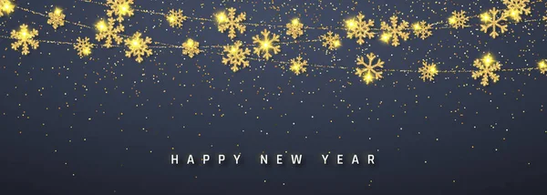 Ano Novo brilhando brilho brilho dourado floco de neve decoração guirlanda no fundo escuro. Floco de neve brilhante pendurado. Ilustração vetorial —  Vetores de Stock