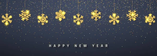 New Year shining glitter glowing golden snowflake decoration garland on dark background. Hanging glitter snowflake. Vector illustration — Stock Vector