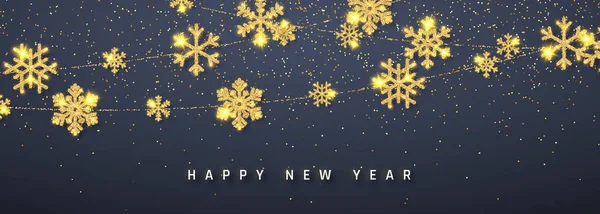 Ano Novo brilhando brilho brilho dourado floco de neve decoração guirlanda no fundo escuro. Floco de neve brilhante pendurado. Ilustração vetorial —  Vetores de Stock