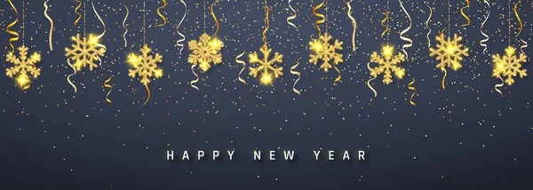 Ano Novo brilhando brilho brilho dourado floco de neve decoração guirlanda no fundo escuro. Floco de neve brilhante pendurado. Ilustração vetorial — Vetor de Stock