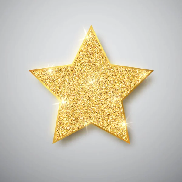 Gold shiny glitter glowing star with shadow isolated on gray background. Vector illustration — Stock Vector