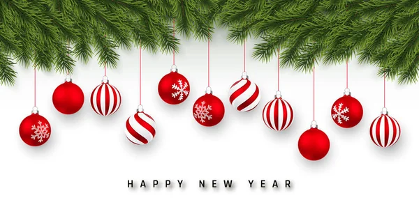 Natal festivo ou fundo de Ano Novo. Árvore de Natal Ramos e xmas bola vermelha. Ilustração vetorial — Vetor de Stock