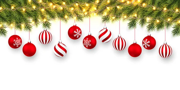 Natal festivo ou fundo de Ano Novo. Ramos de abeto de Natal com guirlanda leve e bolas vermelhas de xmas. Fundo do feriado. Ilustração vetorial —  Vetores de Stock
