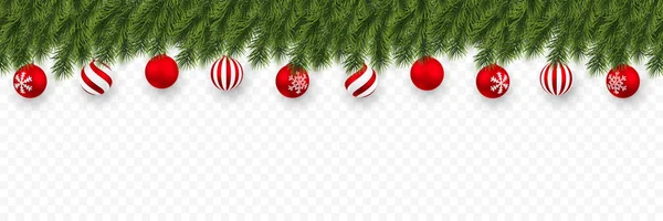 Festliche Weihnachten oder Neujahr Hintergrund. Tannenzweige mit weihnachtlich roten Kugeln. Urlaubshintergrund. Vektorillustration — Stockvektor