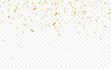 Altın konfeti. Kutlama karnavalı altın renginde parıltılı konfeti döküyor. Lüks tebrik kartı. Vektör illüstrasyonu