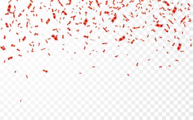 Kırmızı konfeti. Kutlama karnavalı kırmızı renkte parıltılı konfeti döküyor. Lüks tebrik kartı. Vektör illüstrasyonu