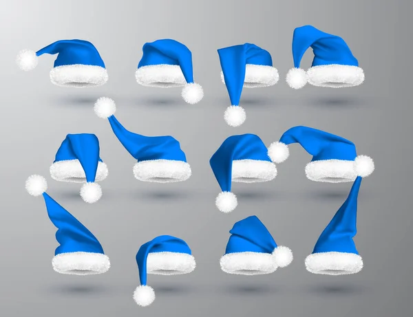 Blauer Weihnachtsmann Hut isoliert auf grauem Hintergrund. Gradient Mesh Weihnachtsmann Mütze mit Fell. Vektorillustration — Stockvektor