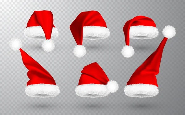 Rode Kerstman hoed geïsoleerd op transparante achtergrond. Gradiënt mesh Santa Claus cap met vacht. Vectorillustratie — Stockvector