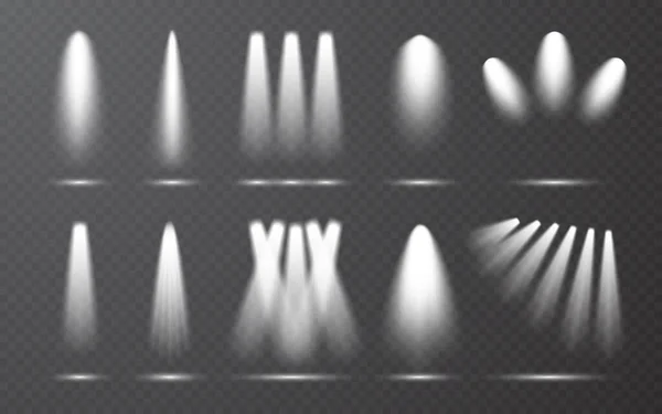 Scheinwerfer setzen Kollektion auf transparenten Backboden. Lichteffekt. heller Lichtstrahl. Vektorillustration — Stockvektor