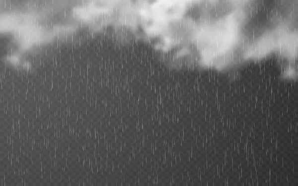 雨滴,云朵笼罩在透明的背景上. 掉下来的水滴。 自然降雨。 暴风雨天气的影响。 矢量说明 — 图库矢量图片