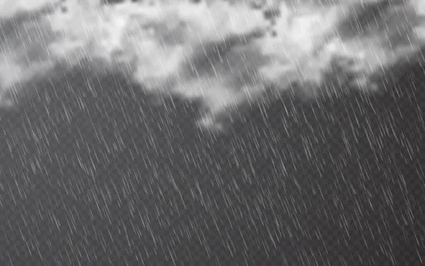 Gotas de lluvia con nubes sobre fondo transparente. Cayendo gotas de agua. Lluvias naturales. Efecto meteorológico tormentoso. Ilustración vectorial — Vector de stock