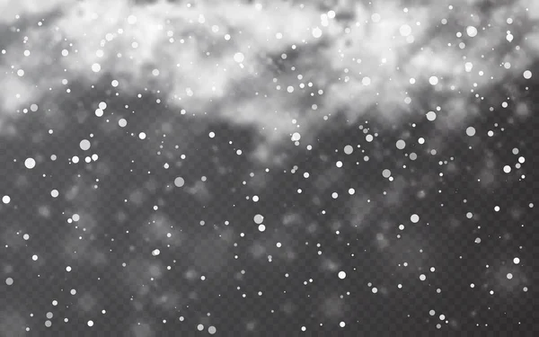 Neve com flocos de neve e nuvens sobre fundo transparente. Efeito de neve em queda. Neve de Natal. Uma queda de neve. Ilustração vetorial — Vetor de Stock