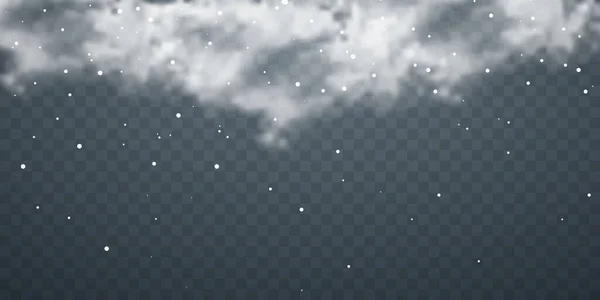 Neve com flocos de neve e nuvens sobre fundo transparente. Efeito de neve em queda. Neve de Natal. Uma queda de neve. Ilustração vetorial —  Vetores de Stock