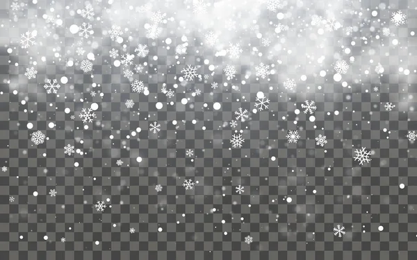 Neige avec flocons de neige et nuages sur fond transparent. Effet neige tombante. Neige de Noël. Chute de neige. Illustration vectorielle — Image vectorielle