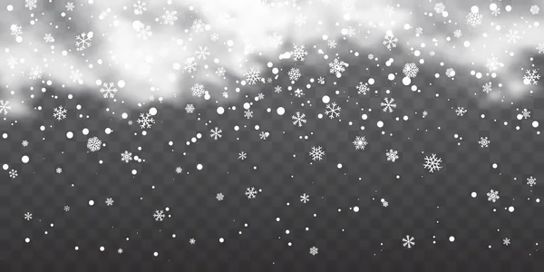 Neige avec flocons de neige et nuages sur fond transparent. Effet neige tombante. Neige de Noël. Chute de neige. Illustration vectorielle — Image vectorielle