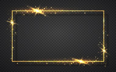 Vintage çerçeve şeffaf arka plan üzerinde izole gölgeler ile parlayan altın parlak parıltı. Altın lüks gerçekçi dikdörtgen kenarlık. Vektör çizim