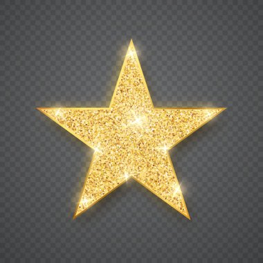 Gri şeffaf arkaplanda altın parıldayan parlak yıldız. Vektör illüstrasyonu