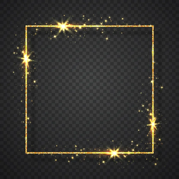 Glimmend goud glitter gloeiende vintage frame met schaduwen geïsoleerd op transparante achtergrond. Gouden luxe realistische rechthoek grens. Vectorillustratie — Stockvector