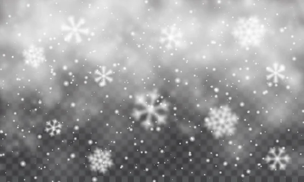 Kerstsneeuw Vallende Sneeuwvlokken Transparante Achtergrond Sneeuwval Vectorillustratie — Stockvector