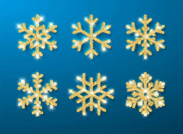 Brillante Brillo Dorado Brillantes Copos Nieve Sobre Fondo Azul Decoración — Archivo Imágenes Vectoriales