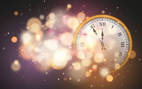 Cartaz Ano Novo Com Relógio Círculo Velho Efeito Bokeh Brilhante —  Vetores de Stock