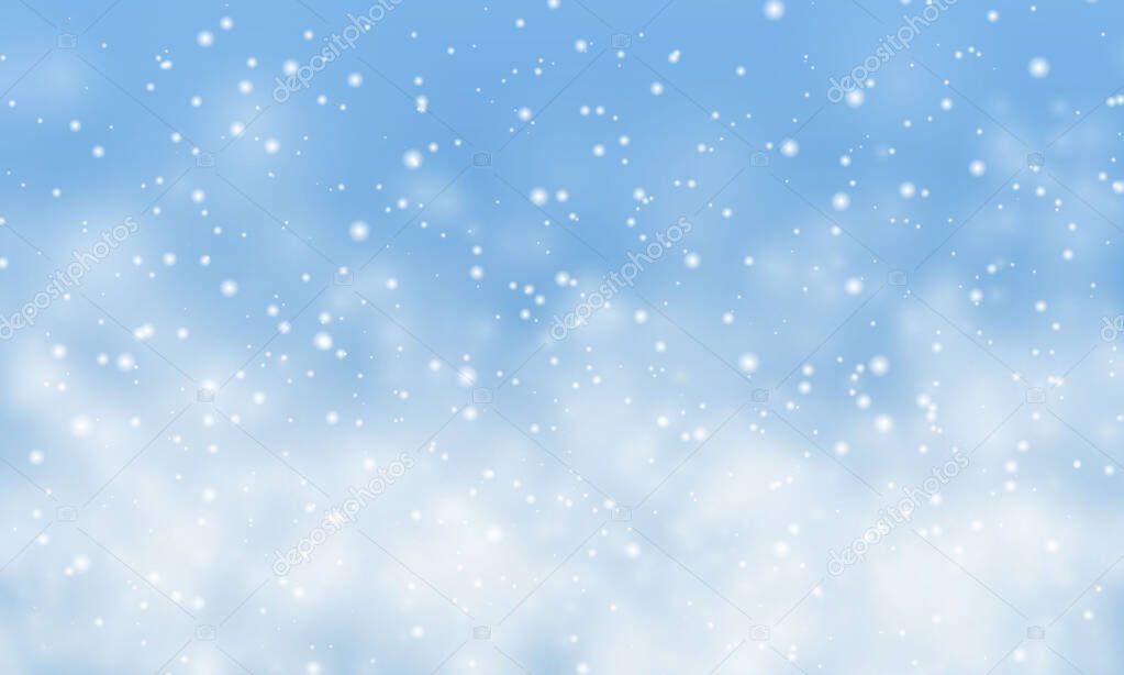 Christmas snow. Falling snowflakes on light blue background. Snowfall. Vector illustration.