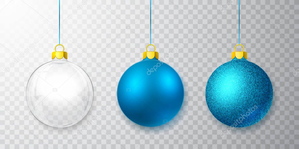 Blue shiny glitter glowing and transparent Christmas balls. Xmas glass ball. Holiday decoration template. Vector illustration.