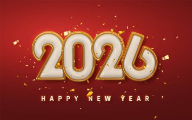 Yeni Yıl 2026 Altın 3D Numaralar, Konfeti ve Kırmızı Arkaplan ile Kutlama. Bayram için mükemmel tasarım. Selamlar ve posterler için. Vektör İllüstrasyonu.