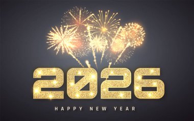 2026 Yeni Yıl Parıldayan Altın Numaraları ve Koyu Arkaplanda Parlayan Havai fişeklerle Kutlama. Şenlikli ve Zarif Bayram Kutlama Konsepti. Vektör İllüstrasyonu.