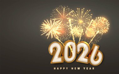 2026 Altın Havai fişeklerle, 3D Parlak Numaralarla ve Şenlik Tasarım ve Tebrik Kartları İçin Zarif Karanlık Arkaplanla Mutlu Yıllar Kutlaması. Vektör İllüstrasyonu.