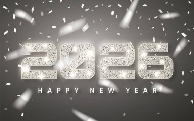 2026 Yeni Yıl Parlak Sayıları ile Karanlık Arkaplanda Parlak Konfeti. Şık ve Şenlikli Tatil Partisi Kutlamalar İçin Tasarım. Vektör İllüstrasyonu.