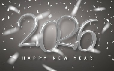 Yeni Yıl 2026 Parlak Gümüş Sayılar Metalik Konfeti ve Zarif Karanlık Arkaplan ile Kutlama. Lüks Tatil Tasarımları ve Davetiyeler için mükemmel. Vektör İllüstrasyonu.