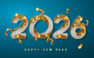 2026 Yeni Yıl Kutlaması Parlak Altın Numaralar, Konfeti Kurdeleleri ve Zarif Mavi Arkaplan. Bayram Kutlaması için Parti Tasarımı. Vektör İllüstrasyonu.